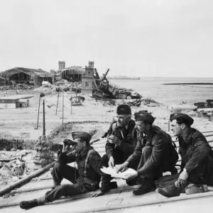 Black and white print of four RAF members on a rooftop Black and white print of four RAF members on a rooftop