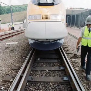 The first Eurostar test train hauled through the Channel Tunnel from France to Britain The first Eurostar test train hauled through the Channel Tunnel from France to Britain