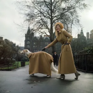 The first maxi coat for dogs gets its maiden outing in London with model Vicki Hodge The first maxi coat for dogs gets its maiden outing in London with model Vicki Hodge