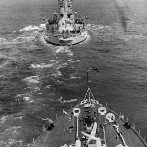 Fleet review. HMS Queen Elizabeth leading the line to sea. Circa 1935