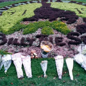 Flores colocadas junto a Cardiff Castle en memoria de la Princesa Diana. Circa septiembre 1997.
