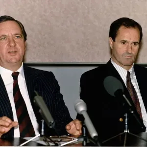 Football Chairman of Arsenal FC Peter Hill Wood sitting in a press conference alongside Football Chairman of Arsenal FC Peter Hill Wood sitting in a press conference alongside
