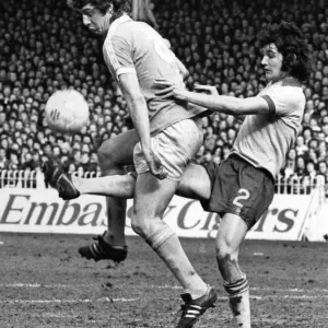 Football - unusual: Brian Kidd of Manchester City gets a kick through his legs by Ipswich Football - unusual: Brian Kidd of Manchester City gets a kick through his legs by Ipswich