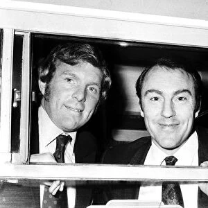 Footballers Bobby Moore and Jimmy Greaves leaving Euston station for Manchester
