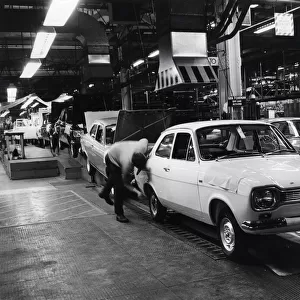 Ford Escort cars on the production line at the Ford Halewood factory 1972