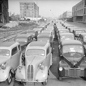 Ford Populars waiting export at the London Docks April 1949