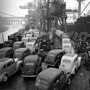 Ford Prefects and Fordson tractors seen here on a Dagenham quayside