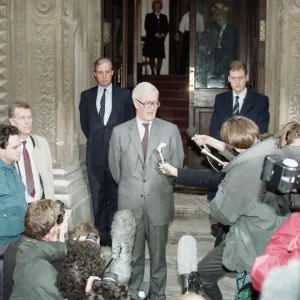 Foreign Secretary Douglas Hurd on the steps on the Foreign Office announcing his