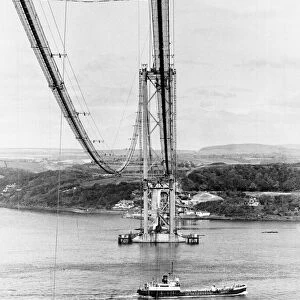 Forth Road Bridge construction June 1962 Wires across river catwalk ship passing