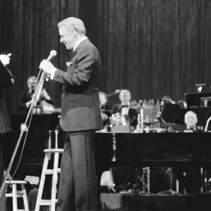 Frank Sinatra and tenor Luciano Pavarotti seen here performing on stage at Radio City in