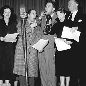 Frankie Howerd with Norman Wisdom, Joan Greenwood and Eric Porter recording comedy sketch