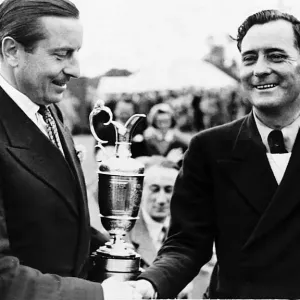 Fred Daly golfer recieving Open Golf Championship trophy claret jug shaking hands Fred Daly golfer recieving Open Golf Championship trophy claret jug shaking hands