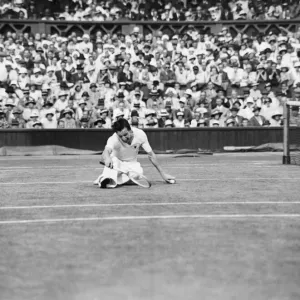 Fred Perry (GB) on the floor during his 1934 mens semi final match against Sidney Wood Fred Perry (GB) on the floor during his 1934 mens semi final match against Sidney Wood