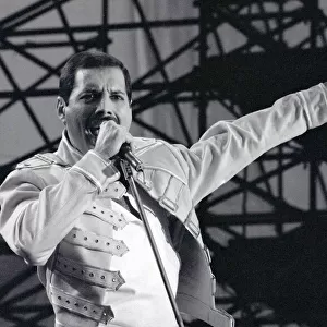 Freddie Mercury from Queen in concert at St James Park in Newcastle. July 1986