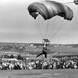 One of the free-fall parachutes arrives safety - and on target- on Skelton Carnival field