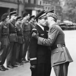 Free French celebrate Bastille Day in London. A kiss from general Le
