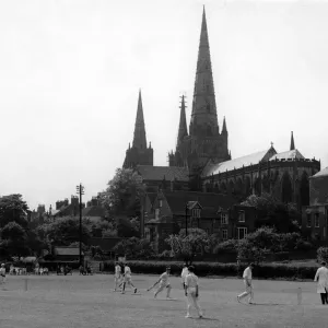 A game of cricket in Lichfield, Staffordshire. April 1960 A game of cricket in Lichfield, Staffordshire. April 1960