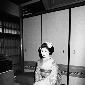 Geisha girl, Katsuno, pictured in her Geisha House in Kyoto, Japan, 8th March 1982