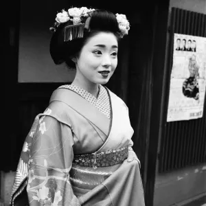 Geisha girl, Katsuno, pictured outside her Geisha House in Kyoto, Japan, 8th March 1982 Geisha girl, Katsuno, pictured outside her Geisha House in Kyoto, Japan, 8th March 1982