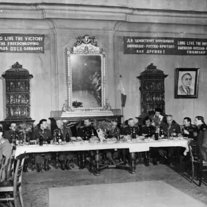Print of General view of Banquet Hall, decorated with Russian banners and pictures