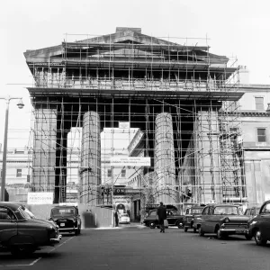 General view showing building works in progress on the Euston arch. Circa 1969