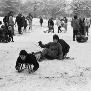 General views of tobogganing and skiing in Richmond Park, London. 27th December 1970 General views of tobogganing and skiing in Richmond Park, London. 27th December 1970