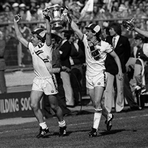 Geoff Pike, Paul Allen and Ray Stewart of West Ham celebrate their win over Arsenal in