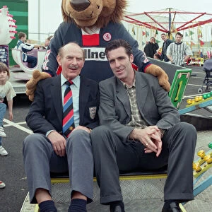 George Hardwick, Bernie Slaven and Roary the Boro mascot at Middlesbrough Football