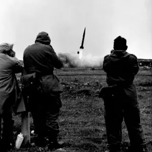 German gunners watch as a Pershing missile is launched from their South Uist base German gunners watch as a Pershing missile is launched from their South Uist base