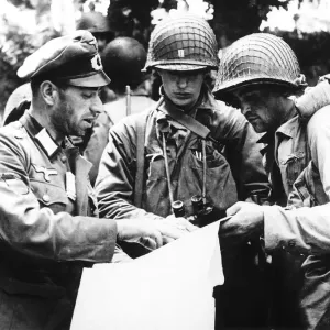 German officer (a Georgian) explaining details of a military map to US officers from