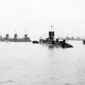 German submarines of the High Sea Fleet seen here at Harwich shortly after they German submarines of the High Sea Fleet seen here at Harwich shortly after they