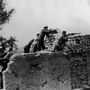 German Troops Behind Sandbag Breastworks Print, Circa 1915