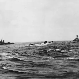 Print of German U-boat U744 being captured after a 30-hour attack