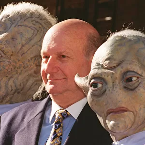 Gerry Anderson with his characters for his new programme Space Precinct puppets