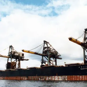 Giant coal carrier berthed at British Steels Redcar terminal. 16th July 1991 Giant coal carrier berthed at British Steels Redcar terminal. 16th July 1991