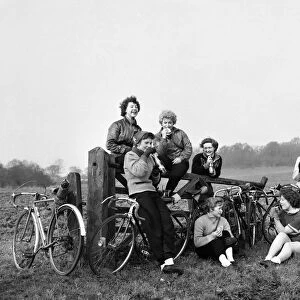 Girls out cycling in the Essex Countryside near Clacton. 1951