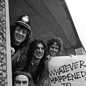 Glam rock group Slade posing for pictures in Birmingham City Centre. 25th March 1977