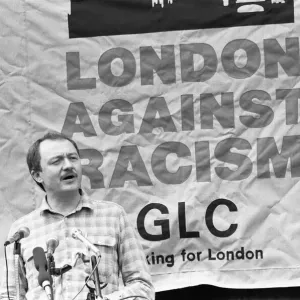 GLC leader Ken Livingstone addressing the crowd at the GLC London Against Racism rally GLC leader Ken Livingstone addressing the crowd at the GLC London Against Racism rally