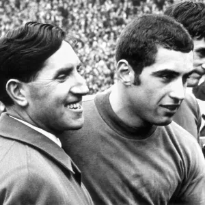 Goalkeeper Peter Shilton seen with Leicester City manager Frank OOFarrell in 1969