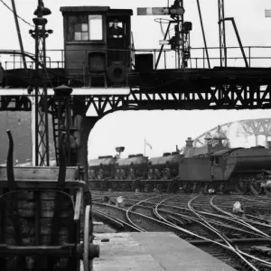 Ein Güterzug überquert die Punkte außerhalb des Newcastle Bahnhofs am letzten Tag der Sichtschutzarme Ein Güterzug überquert die Punkte außerhalb des Newcastle Bahnhofs am letzten Tag der Sichtschutzarme