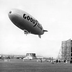 The Goodyear Europa airship rises above its hangar at RAF Cardington formerly the Royal