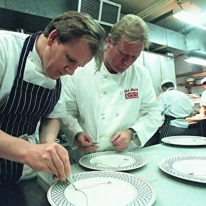 Gordon Ramsay Chef February 1999 with Daily Record reporter Bob Shields in kitchen at