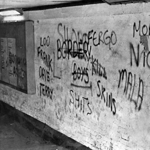 Graffiti in the subway beneath Middlesbrough railway station. October 1972