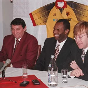 Graham Taylor at press conference with Luther Blissett and Elton John after rejoining