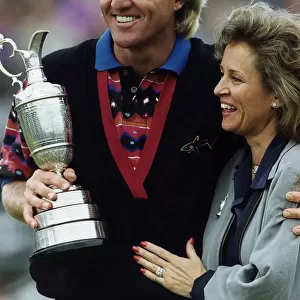 Greg Norman with his wife Laura holding the British Golf Open trophy