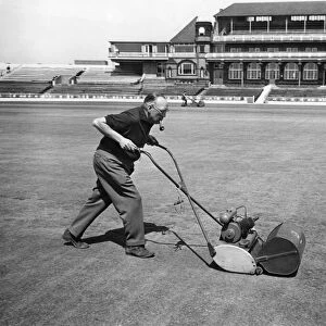 Groundsman Bert Flack add the finishing touches to the test wicket