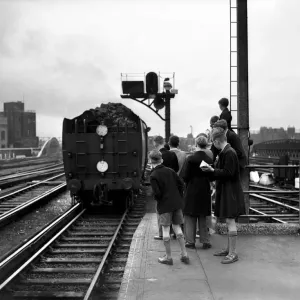 A group of boys take down the details of a Mechant Navy class steam train at Waterloo A group of boys take down the details of a Mechant Navy class steam train at Waterloo
