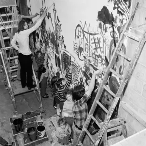 Group mural being painted on wall at Stockton YMCA, Bath Lane, Stockton, 1971