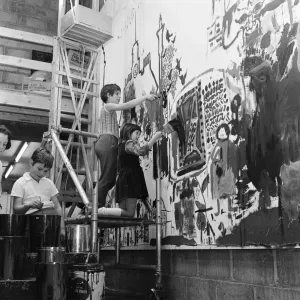 Group mural being painted on wall at Stockton YMCA, Bath Lane, Stockton, 1971