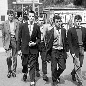 A group of teddy boys seen at Tooting Corner after the hearing of the South Western Court